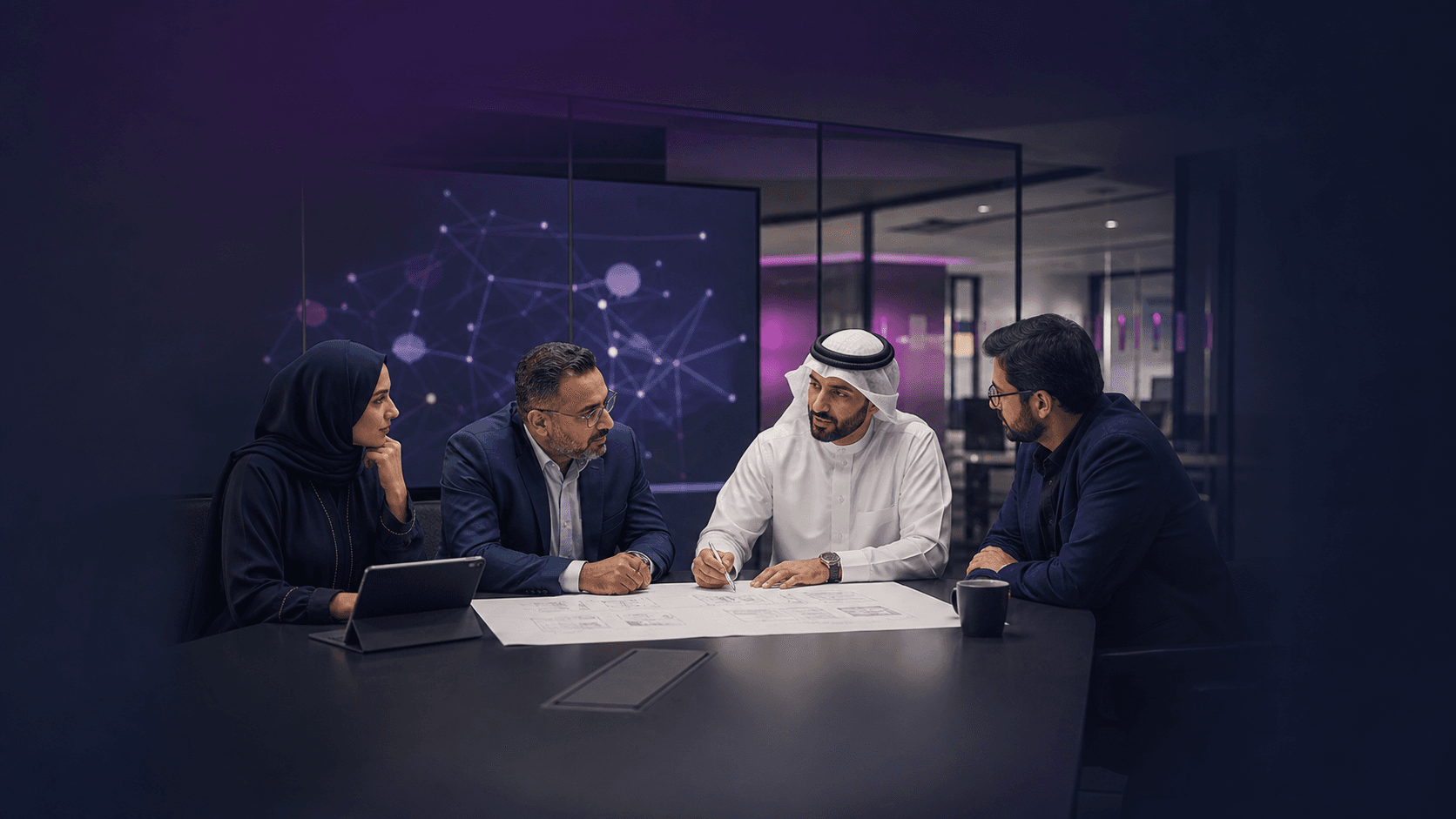 Business and technology leaders reviewing an enterprise solution together