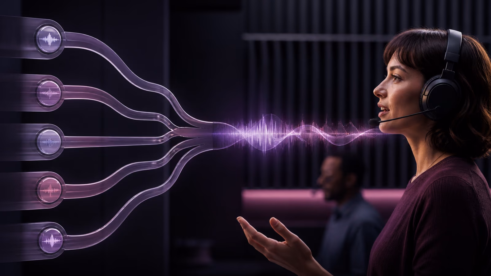 A conversational voice waveform emerging from structured IVR routing paths beside a contact-centre specialist
