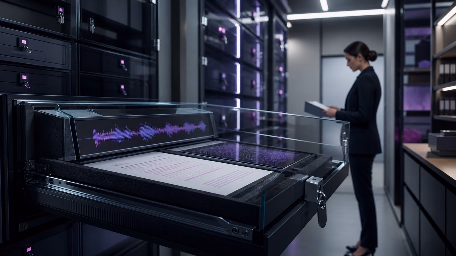 Protected audio waveform and transcript records stored inside a controlled digital evidence archive