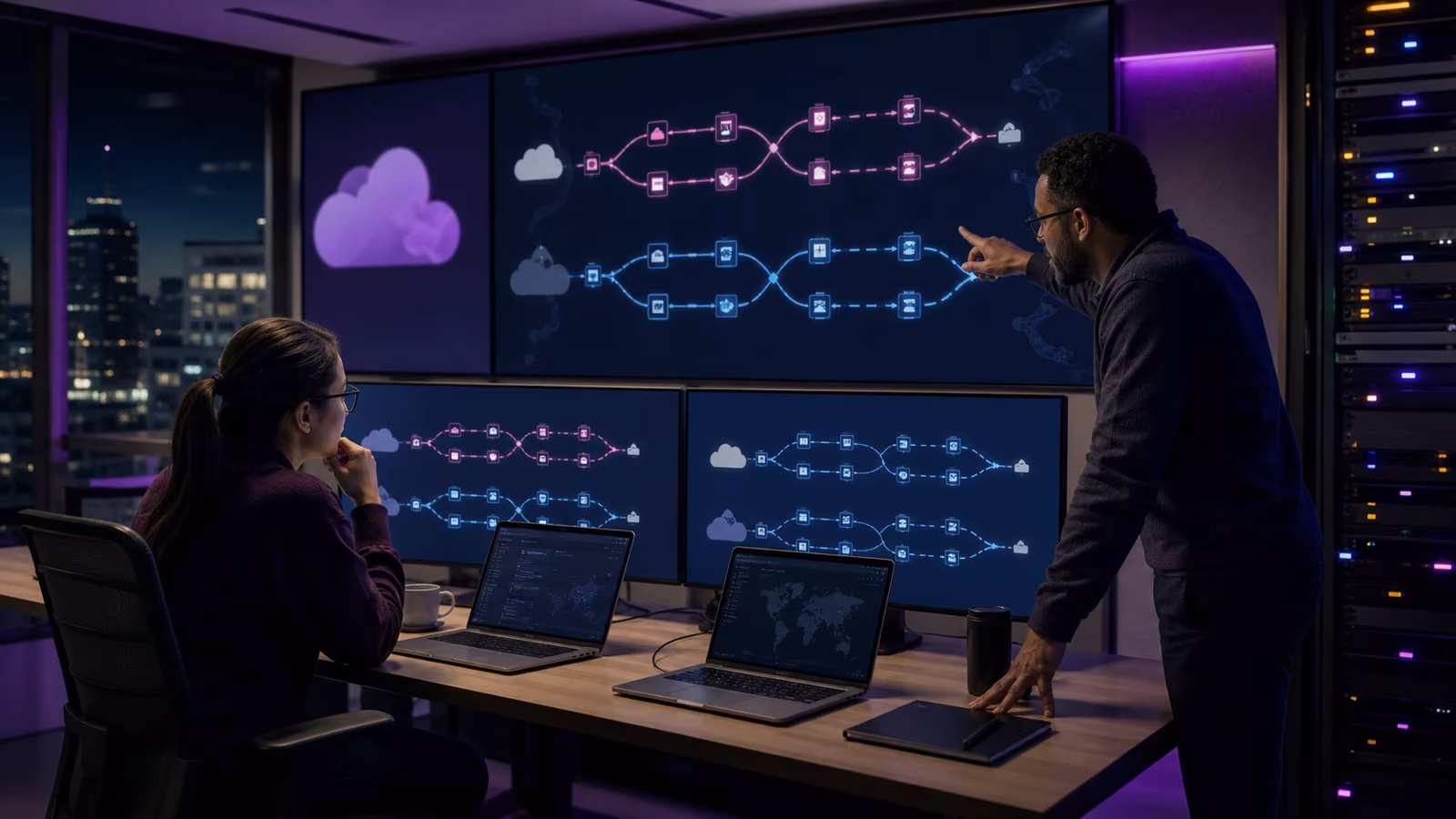 Engineers reviewing primary and rollback paths during a controlled overnight cloud migration