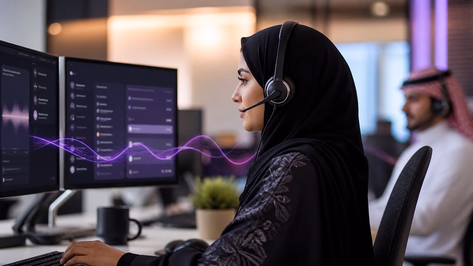 Contact-centre specialist receiving an AI-assisted customer handover with conversation context visible