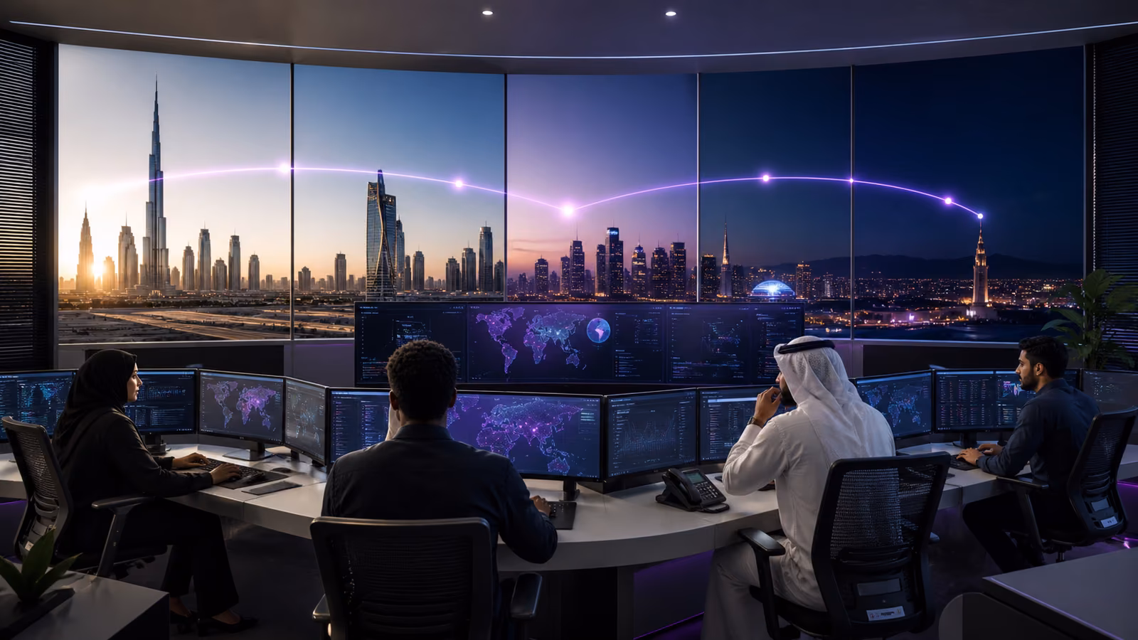 Global operations team coordinating one IT service across daylight and evening time zones