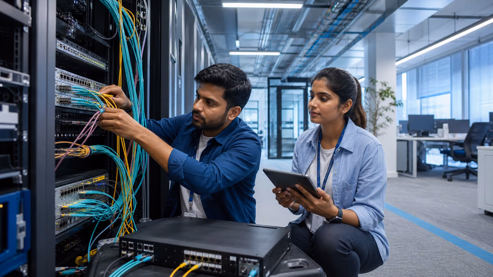 Network engineers installing fibre and validating enterprise edge infrastructure